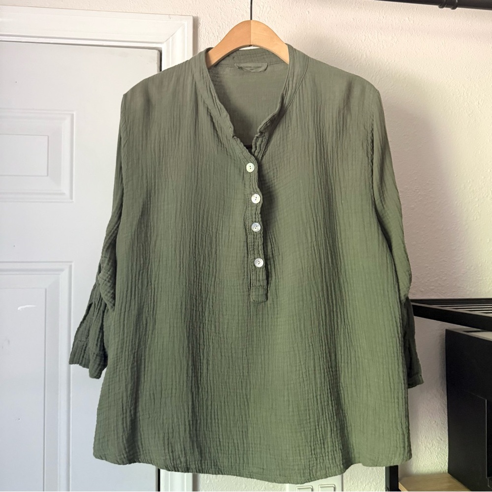 ALEXANDRE LAURENT olive sage green cotton popover epaulets long sleeve shirt‎